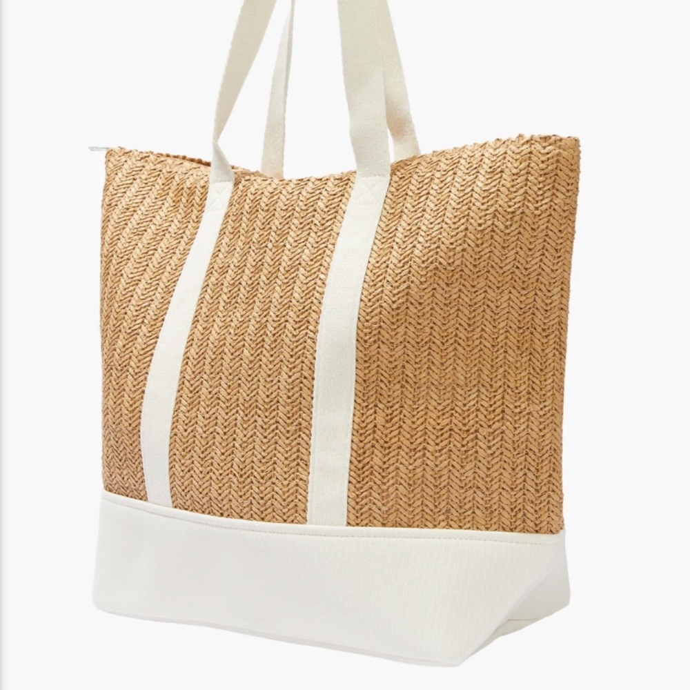 Show Me Your MUMU Sunseeker Natural Tan Ivory Raffia Tote Bag Striped Lining NEW